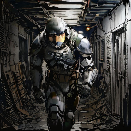 a man in a futuristic suit walking down a hallway with a helmet on and a gun in his hand