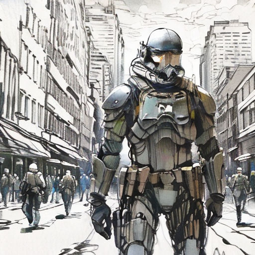 a man in a futuristic suit walking down a street in a city with people walking by onlookers