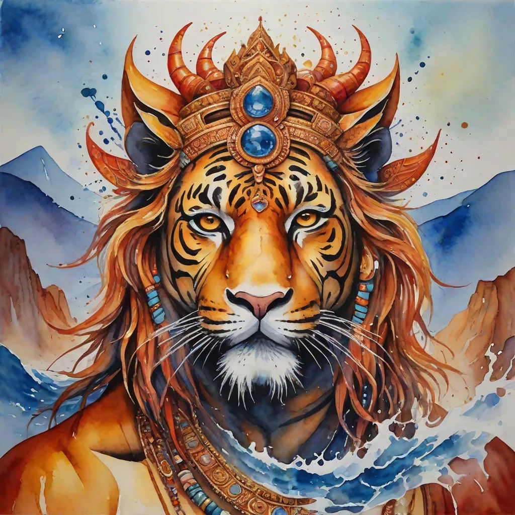 a painting of a tiger with a crown on its head and a body of water in the background, with mountains and a blue sky, fantasy art, a fine art painting, Android Jones, trending on art station