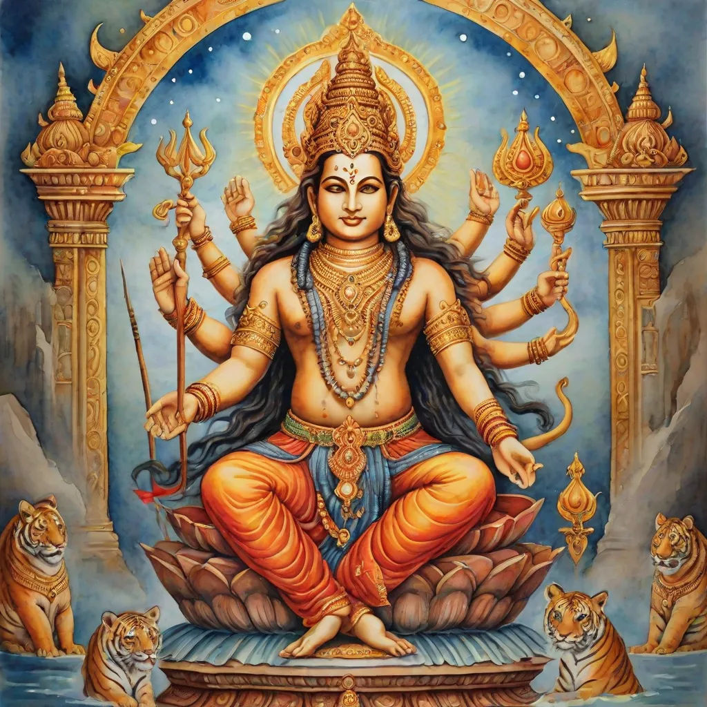 a painting of a person sitting in a lotus position with tigers around him and a tiger nearby on the ground, sumatraism, a detailed drawing, Bholekar Srihari, maya