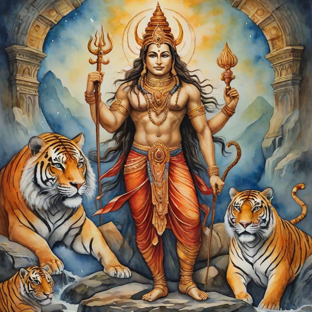a painting of a man surrounded by tigers and a tiger in a cave with a light shining on him, samikshavad, an oil on canvas painting, Bholekar Srihari, jayison devadas