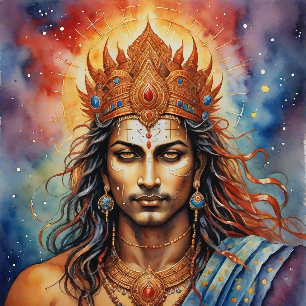 a painting of a man with long hair wearing a crown and a blue dress with a red star on his forehead, samikshavad, a detailed painting, Bholekar Srihari, divinity