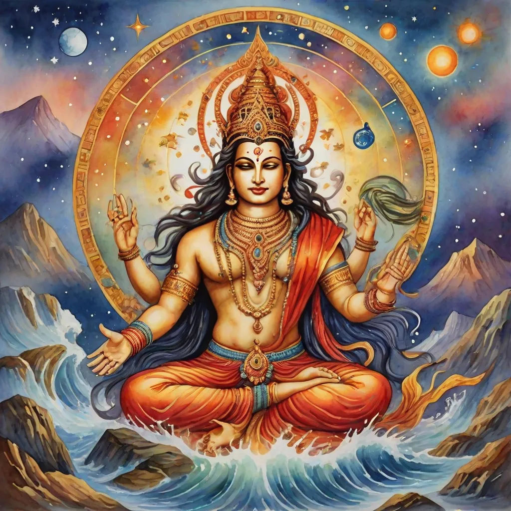 a painting of a person sitting in the water with mountains in the background and a sky with stars above, samikshavad, a detailed painting, Bholekar Srihari, maya