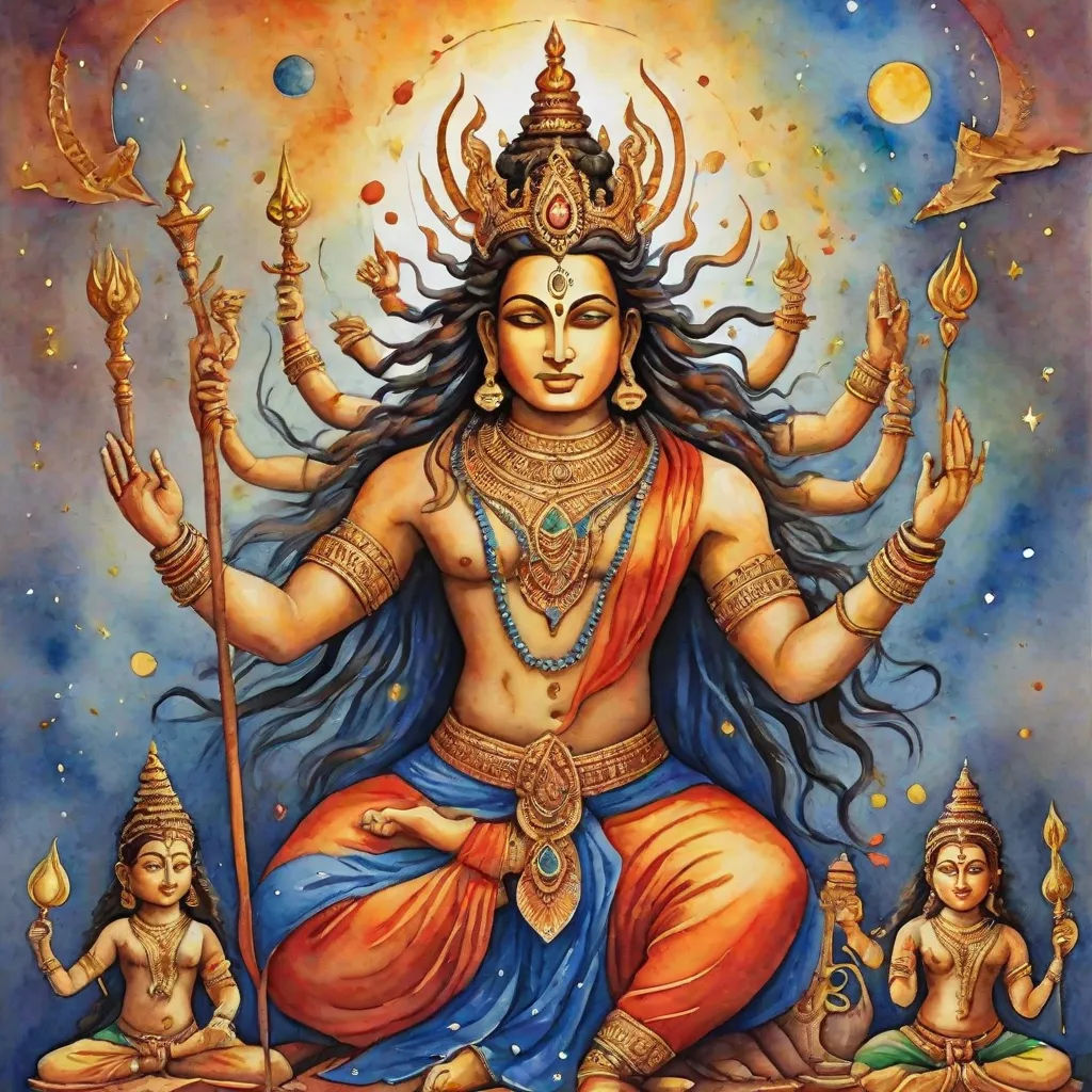 a painting of a hindu god with four other deities in the background, and a rainbow in the background, samikshavad, a detailed drawing, Aya Goda, maya