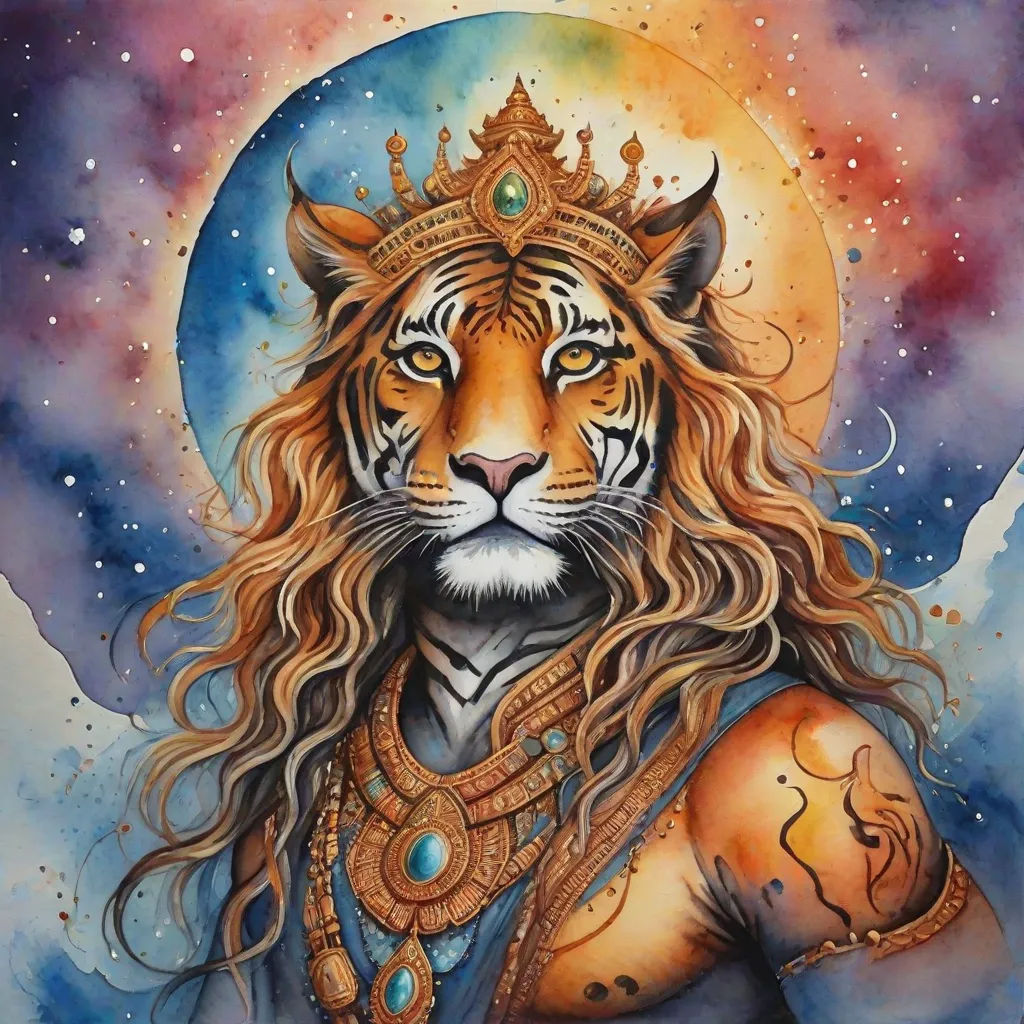 a painting of a tiger with a crown on its head and a body of water in the background, with a blue and purple sky and red background, bengal school of art, a detailed painting, Amanda Sage, trending on art station