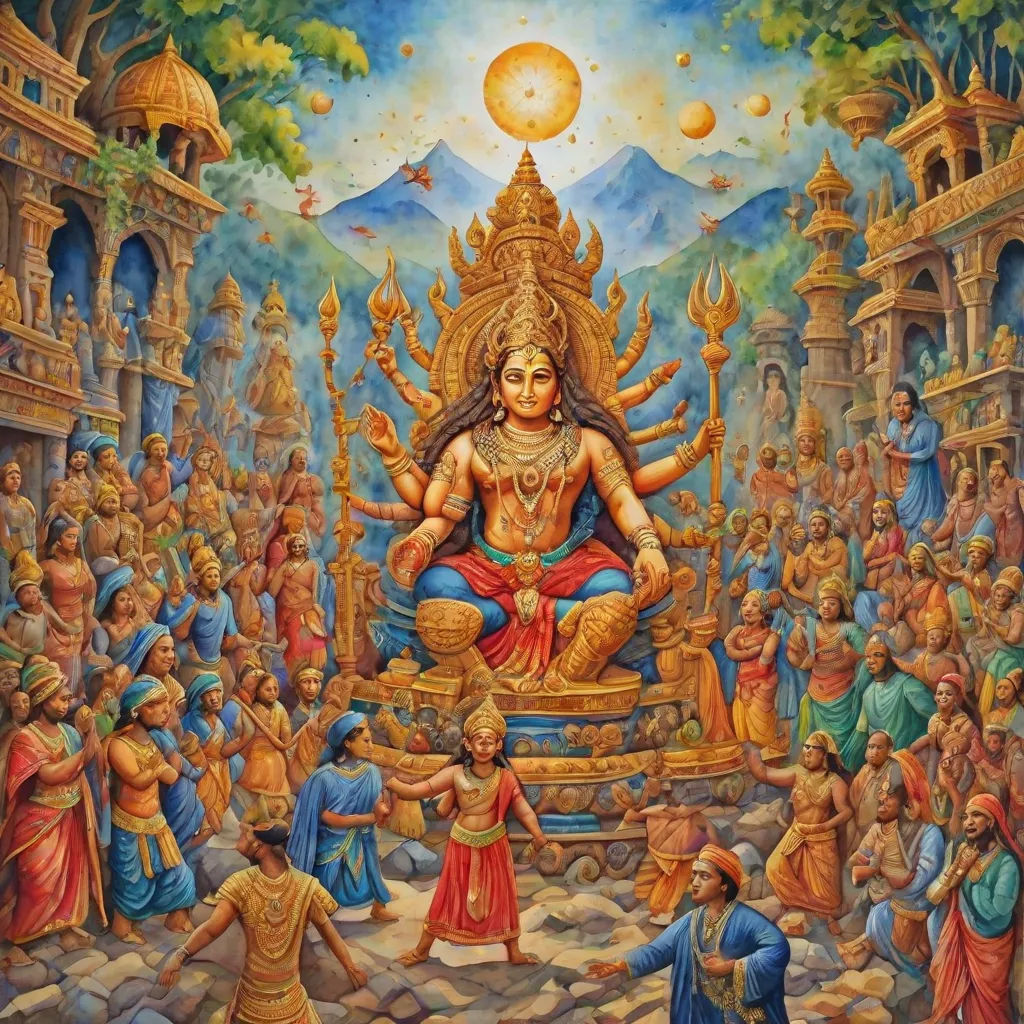 a painting of a man sitting on a throne surrounded by other people and a sun above him is a large group of people, samikshavad, a detailed painting, Bholekar Srihari, official art