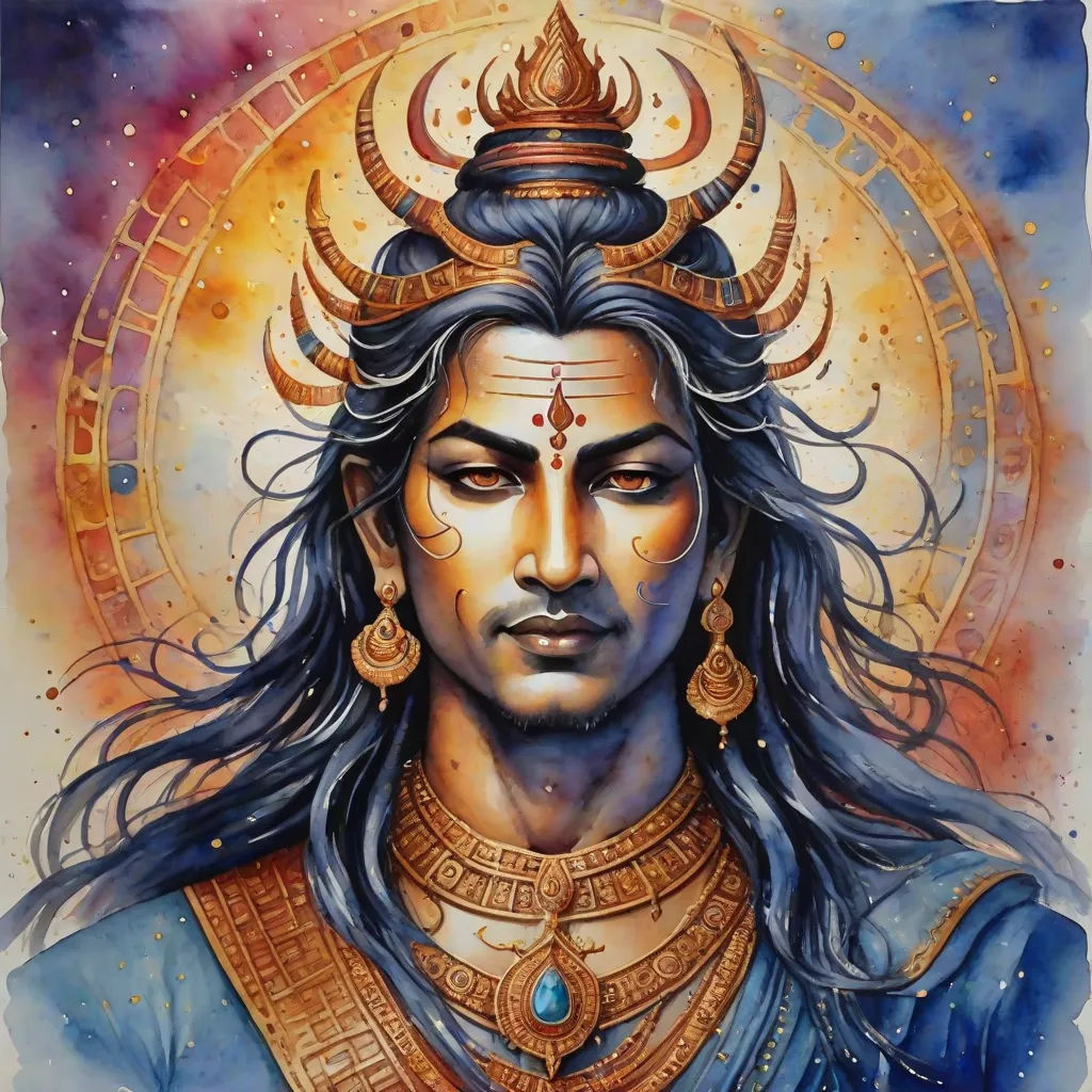 a painting of a man with long hair and a crown on his head, wearing a blue suit and gold jewelry, samikshavad, a detailed painting, Bholekar Srihari, divine