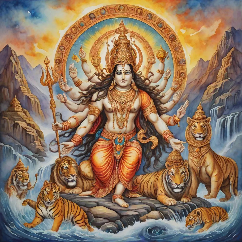 a painting of a person surrounded by tigers and tigers in the water with a sun above them, and a tiger in the foreground, bengal school of art, an album cover, Ella Guru, maya