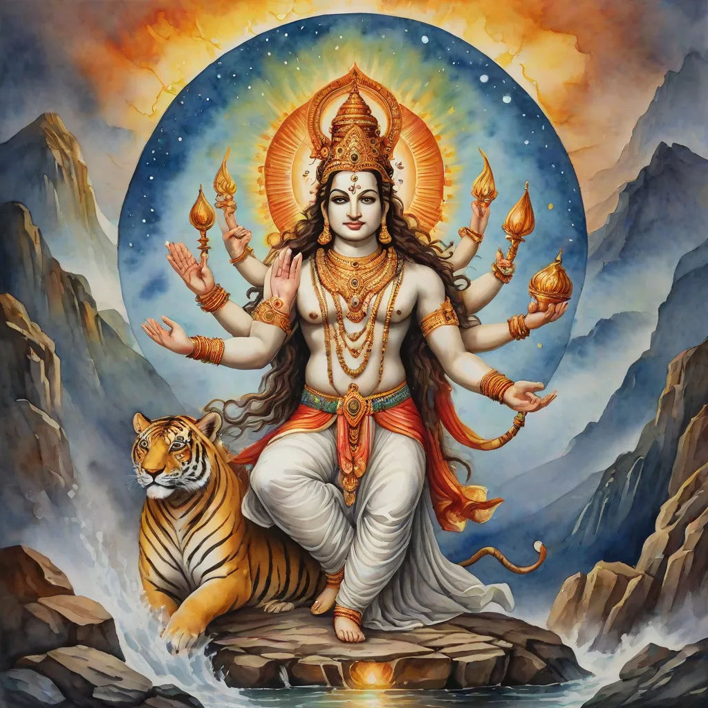 a painting of a person sitting on a rock with a tiger in front of it and a sky background, bengal school of art, a detailed painting, Aya Goda, maya