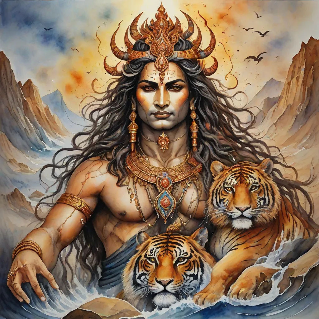 a painting of a woman with two tigers in her arms and a tiger in her lap, with a mountain in the background, bengal school of art, a detailed painting, Bholekar Srihari, masculine
