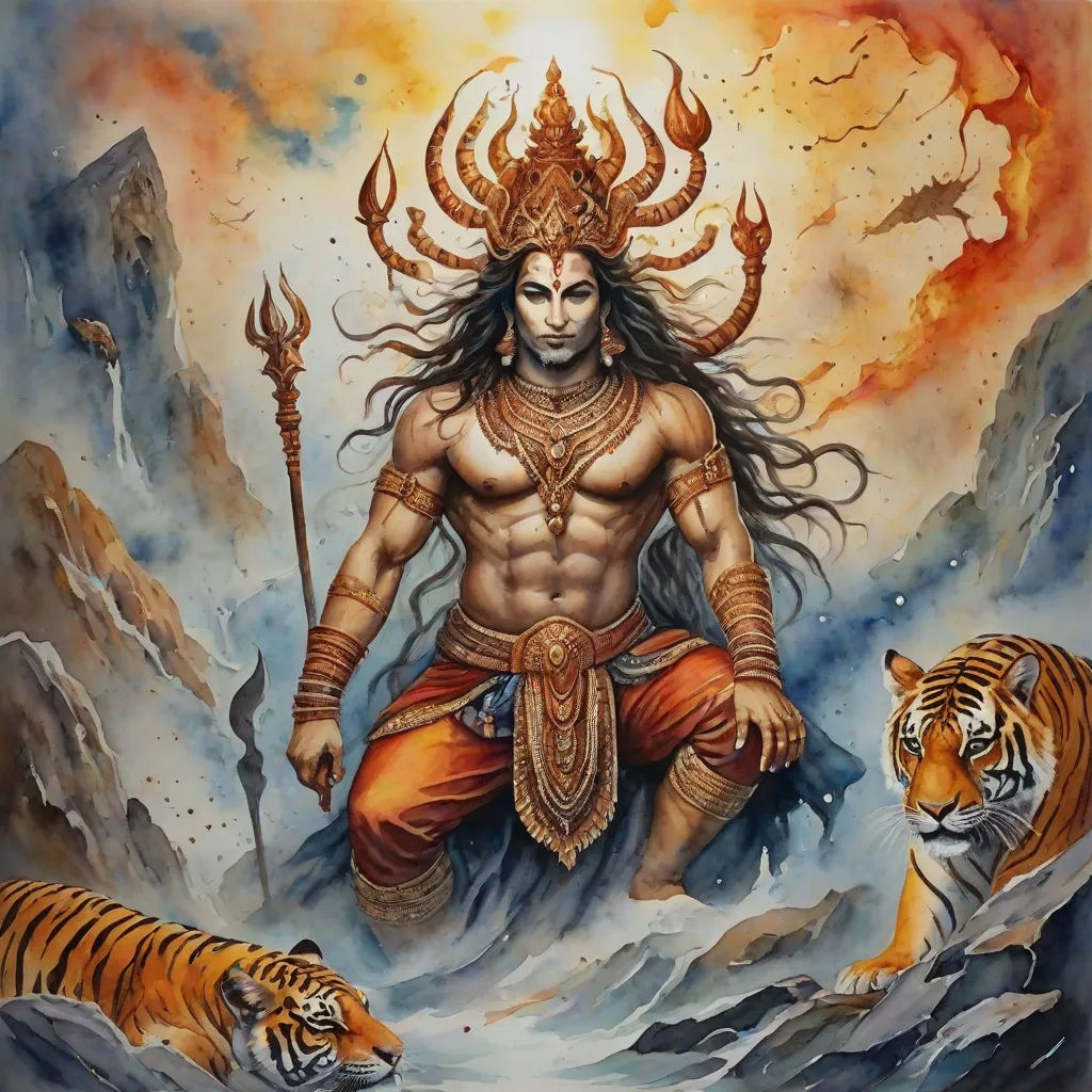 a painting of a man with a tiger and a tiger in the background, with a sky background and a tiger in the foreground, bengal school of art, a detailed painting, Bholekar Srihari, official art