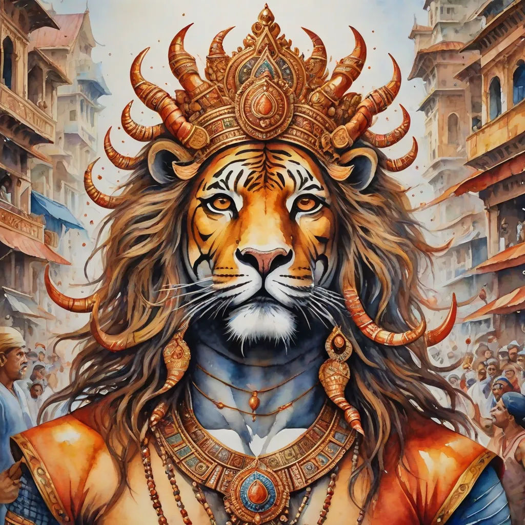 a painting of a tiger wearing a crown and a lion's head with horns on it's head, fantasy art, a detailed painting, Donato Giancola, highly detailed digital painting