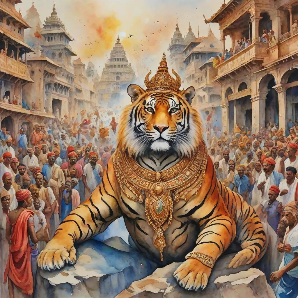 a painting of a tiger sitting on a rock in front of a crowd of people in india, with a temple in the background, fantasy art, an oil on canvas painting, Donato Giancola, highly detailed oil painting