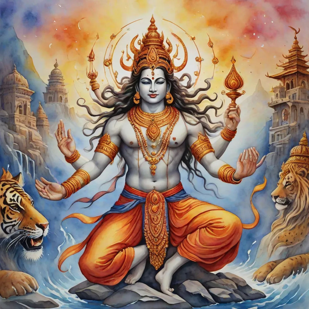 a painting of a person with a tiger in front of him and a tiger in the background, with a sky background, samikshavad, a detailed painting, Bholekar Srihari, 4k uhd image