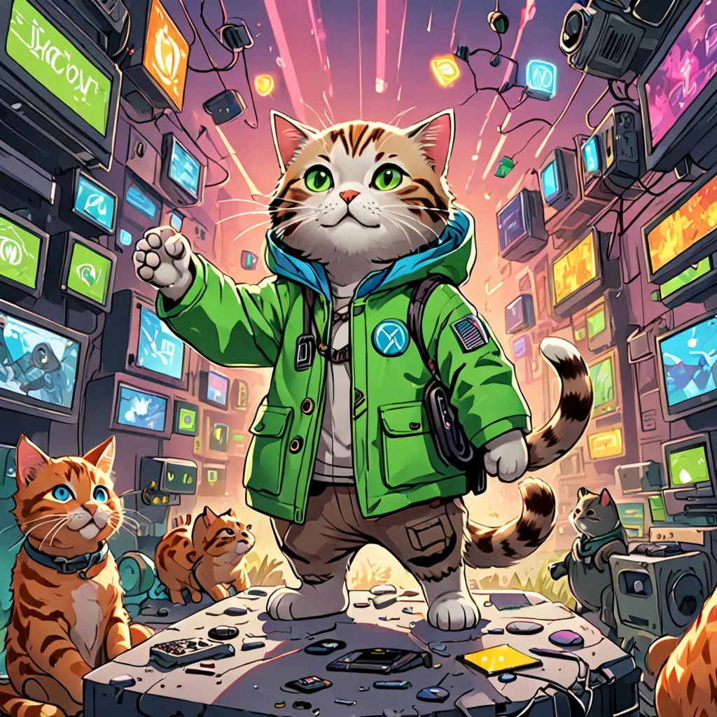 a cat in a green jacket standing on a table with two cats in front of a tv screen with a lot of tv screens, altermodern, cyberpunk art, Dan Mumford, josan gonzales and dan mumford