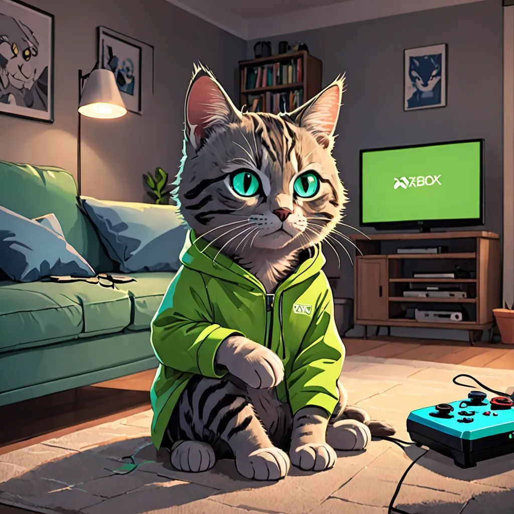 a cat sitting on the floor next to a video game controller and a tv set in the background with a green screen, sots art, computer graphics, Cyril Rolando, game art