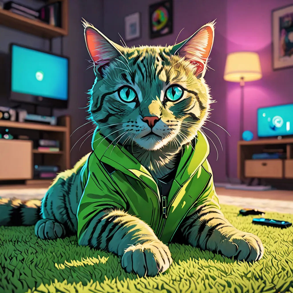 a cat with blue eyes is laying on the floor in a room with a television and a green carpet, furry art, computer graphics, Chris LaBrooy, josan gonzales and dan mumford