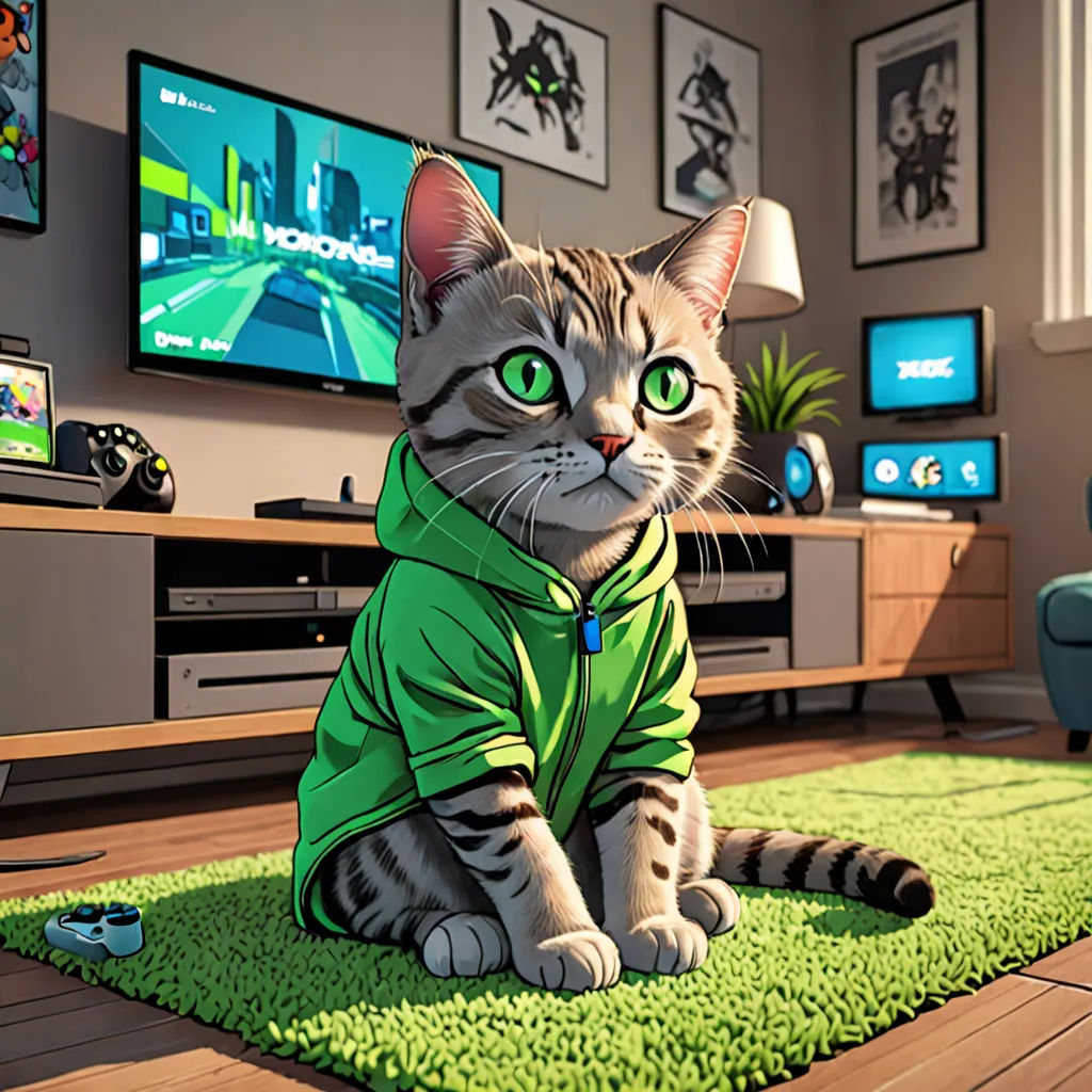 a cat sitting on a rug in a living room with a television and a couch in the background,, photorealism, a computer rendering, Chris LaBrooy, ultra realistic digital art