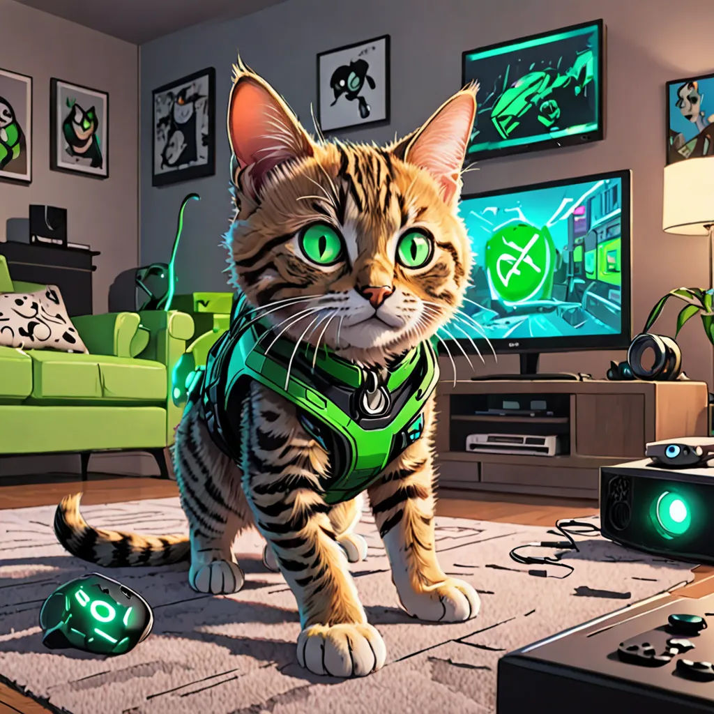 a cat in a green vest standing in a living room with a video game controller and a green light, sots art, a character portrait, Chris LaBrooy, official art