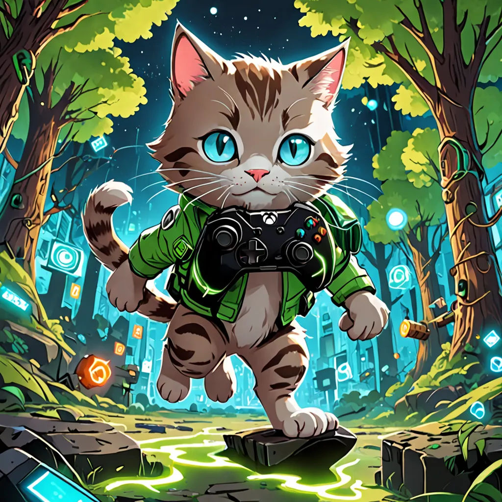 a cat with a camera in a forest with trees and a city in the background, with a glowing light, sots art, a character portrait, Chris LaBrooy, game art