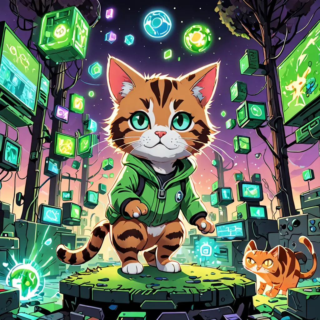 a cat in a green jacket standing on a platform with a cat nearby in a city at night time, sots art, computer graphics, Dan Mumford, game art