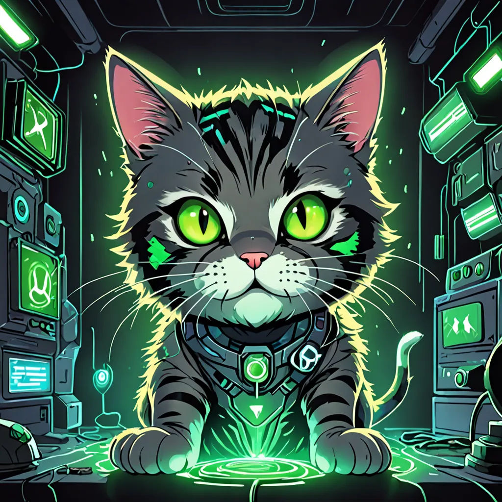 a cat with glowing green eyes sitting in a room with a computer monitor and other electronic equipment on the floor, sots art, cyberpunk art, Dan Mumford, game art