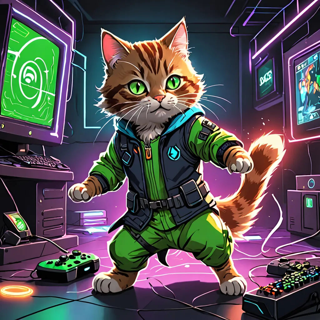 a cat in a space suit playing a video game on a computer screen and a game controller in front of him, sots art, cyberpunk art, Dan Mumford, game art