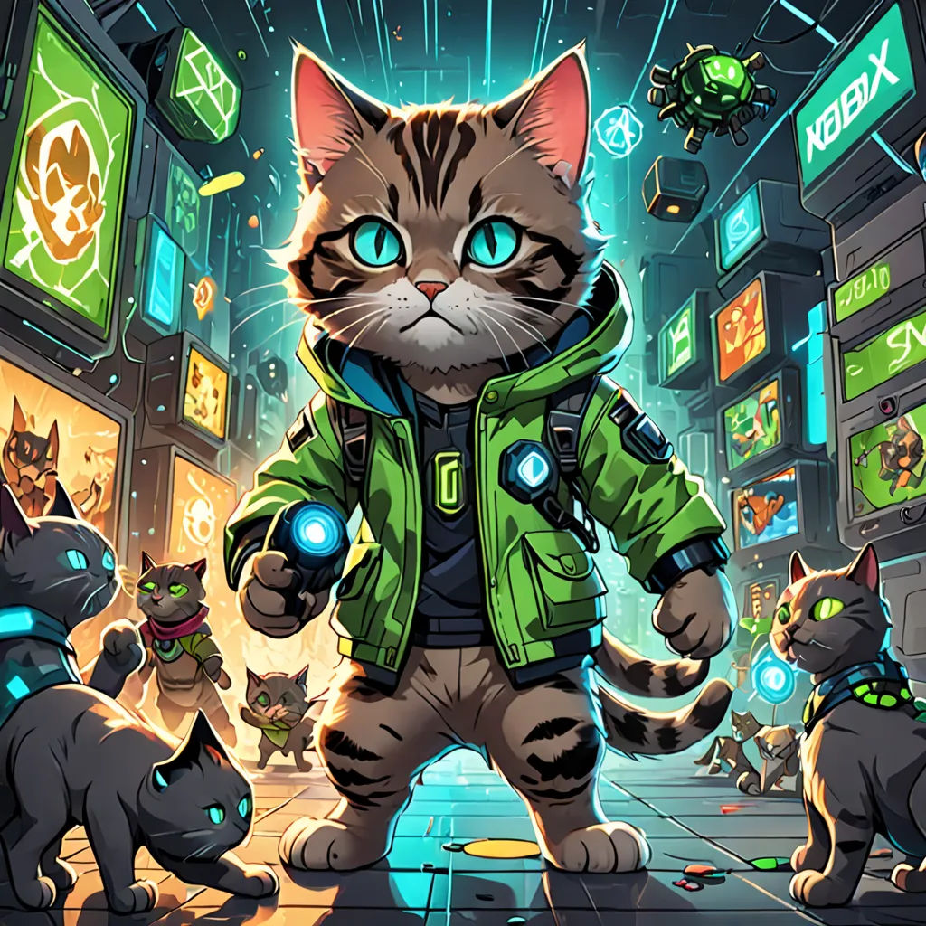 a cat in a space suit surrounded by cats and other objects in a city at night time, with a neon green light, sots art, cyberpunk art, Dan Mumford, rossdraws global illumination