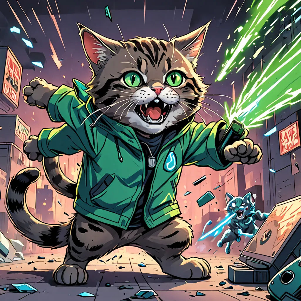 a cat in a green jacket is kicking a gun at a robot in a city street with a green laser, sots art, a comic book panel, Dan Mumford, josan gonzales and dan mumford