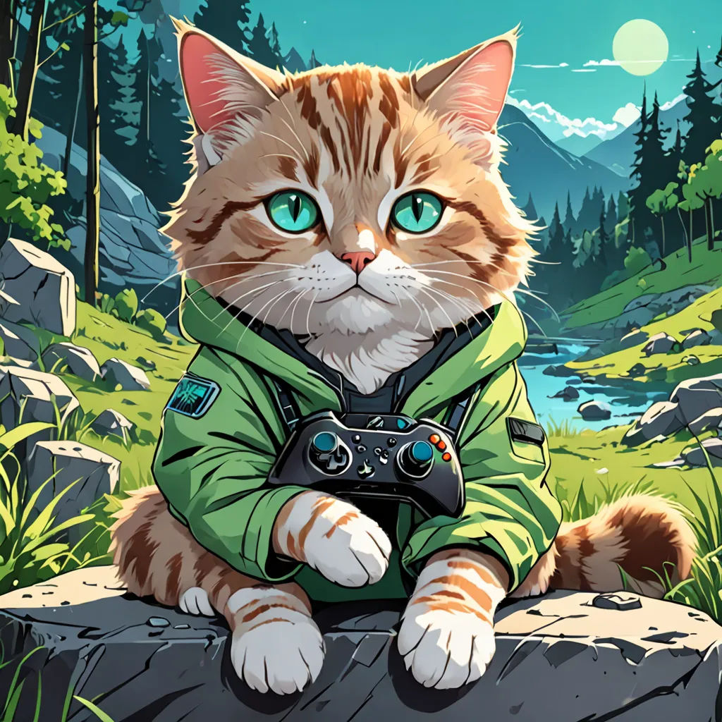 a cat with a camera sitting on a rock in the woods with a mountain background and a river in the distance, sots art, a character portrait, Chris LaBrooy, game art