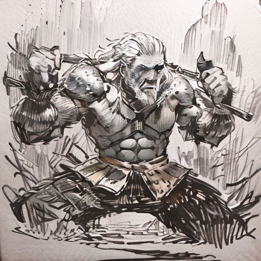 a drawing of a man with a sword and armor on his chest and arms, holding two swords in one hand