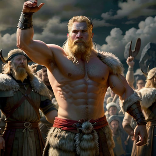 a man with a beard and a beard standing in front of other men in costume and holding a knife