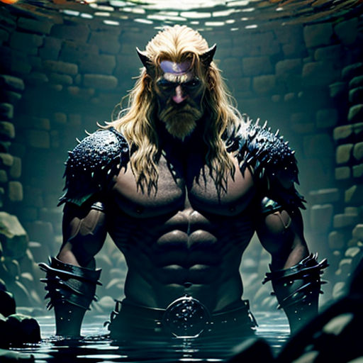 a man in a viking costume standing in a cave with a sword in his hand and a helmet on his head