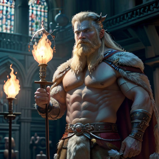 a man in a costume holding a torch and a sword in a room with stained glass windows and a stained glass window