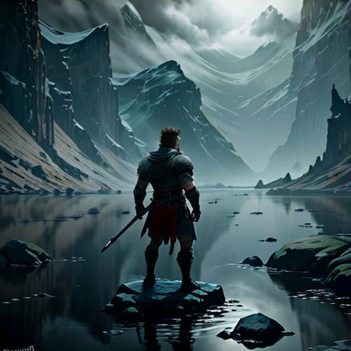a man standing on a rock in the middle of a lake with mountains in the background and a full moon in the sky