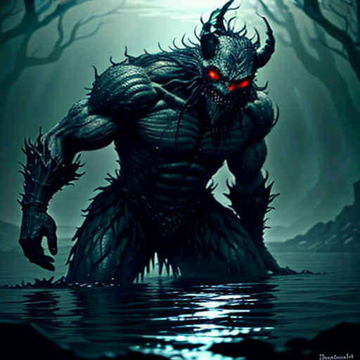 a demonic creature with red eyes and a demon like body in the water with trees in the background and a full moon in the sky