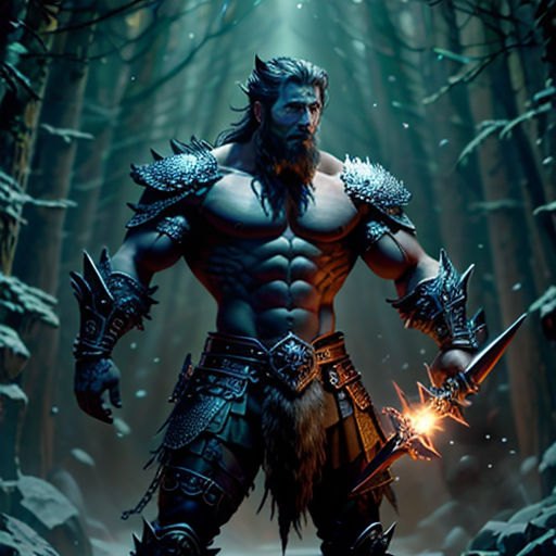a man in a forest holding two swords and a glowing light in his hand, with a sword in his hand
