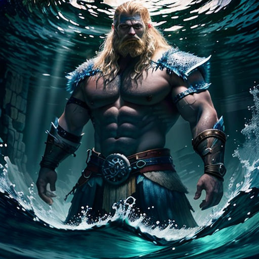 a man with a beard and a beard standing in the ocean with a sword in his hand and a sword in his other hand