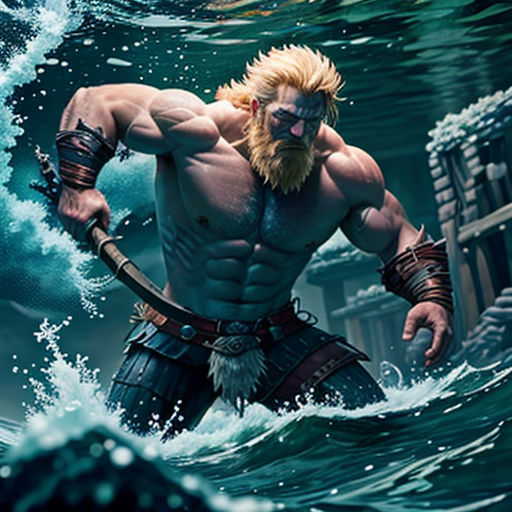 a man in the water with a sword and a helmet on his head, standing in the water with a boat