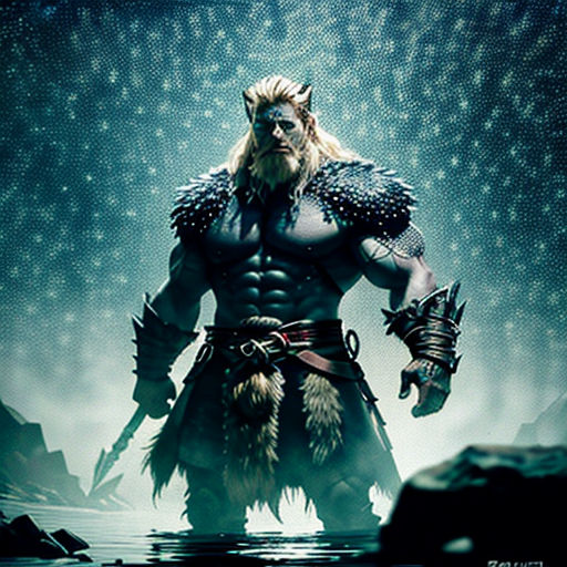 a man in a costume standing in the water with a sword and a helmet on his head, with a hammer in his hand