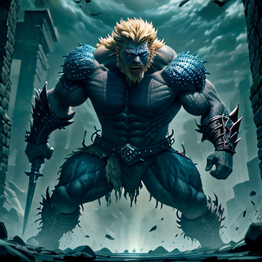 a character from the video game street fighter, with a huge head and a massive body, standing in a dark alley