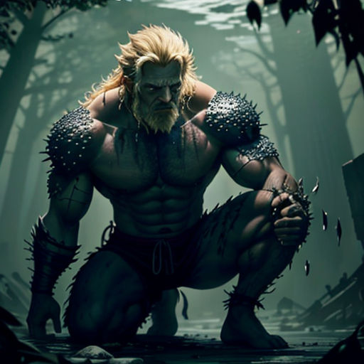 a man with a beard and a beard in a forest with a giant monster like body and claws on his hands