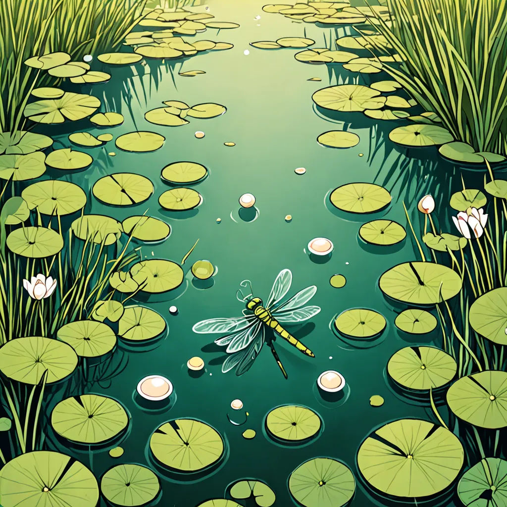 a dragonfly sitting on top of a lily pond surrounded by lily pads and water lilies in a green pond, environmental art, a storybook illustration, Asaf Hanuka, highly detailed digital painting