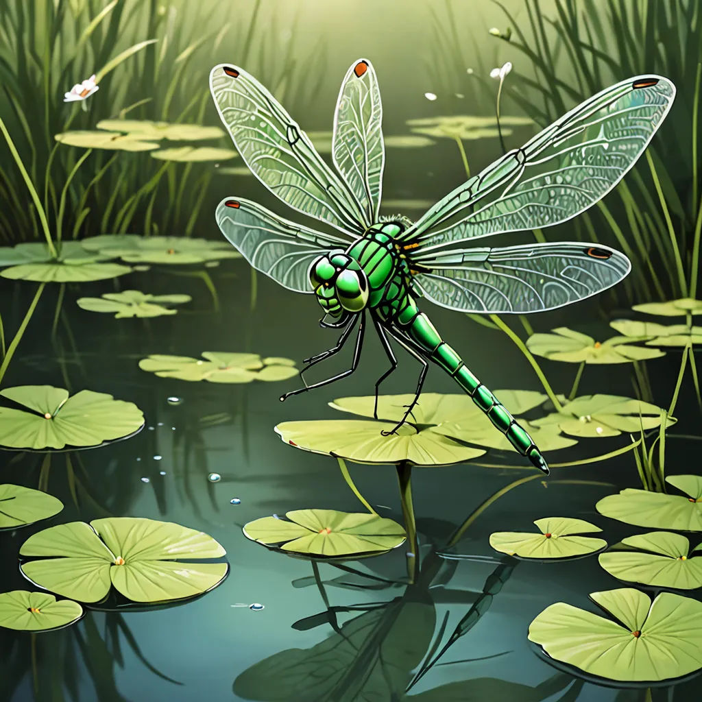a dragonfly sitting on a lily pad in a pond of water lilies with lily pads surrounding it, fantasy art, a digital painting, Dan Mumford, highly detailed digital painting