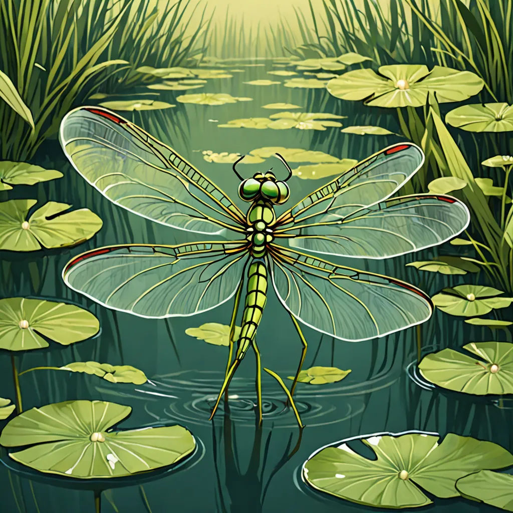 a dragonfly sitting on a lily pad in a pond of water lilies and lily pads in the foreground, environmental art, an illustration of, David Paton, highly detailed digital painting