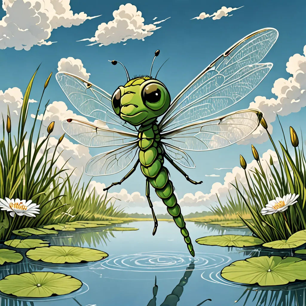 a green dragonfly flying over a pond of water lilies and lily pads with clouds in the background, fantasy art, an illustration of, Chris LaBrooy, highly detailed digital painting