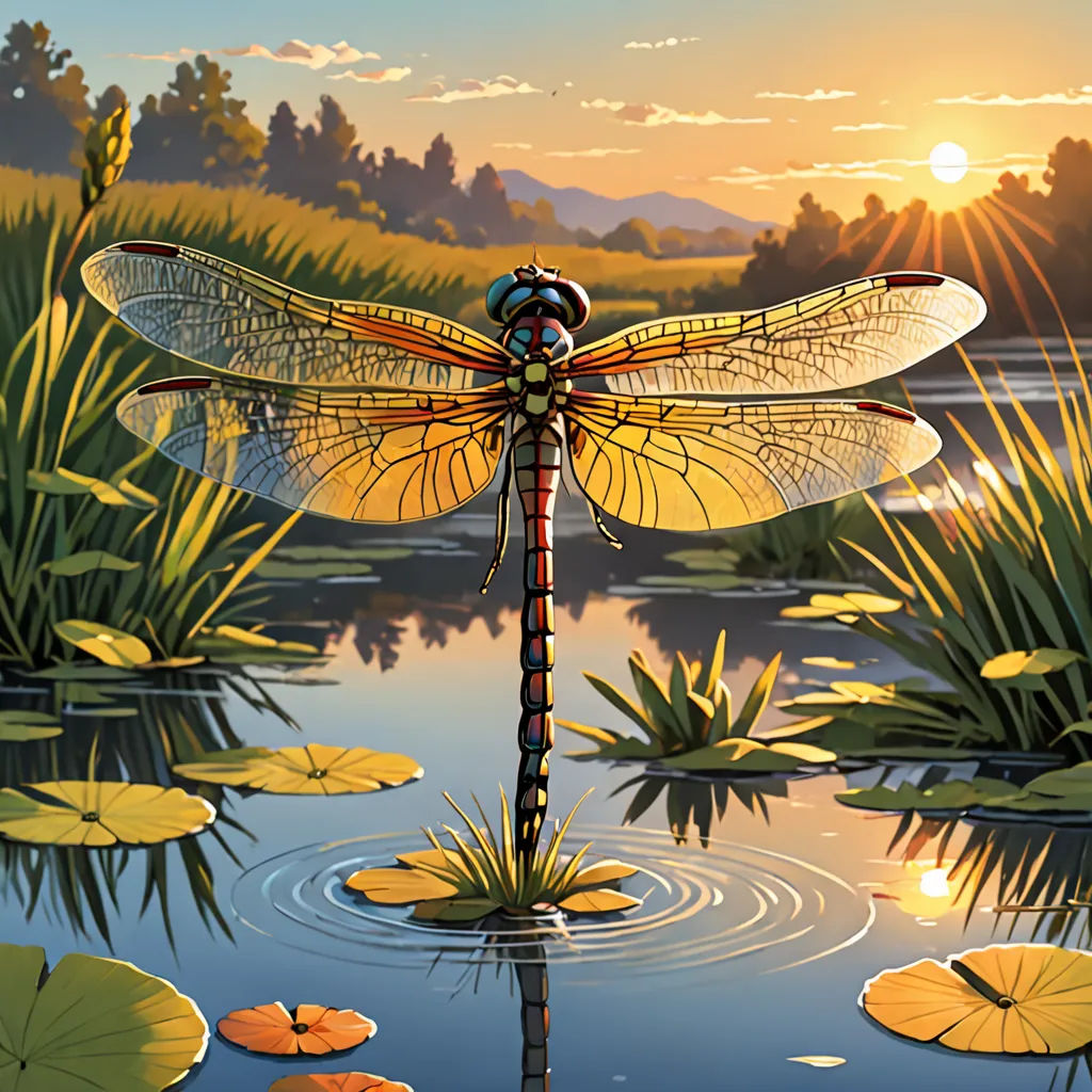 a dragonfly sitting on top of a lily pad in a pond of water with lily pads around it, magic realism, an airbrush painting, Dan Mumford, highly detailed digital painting