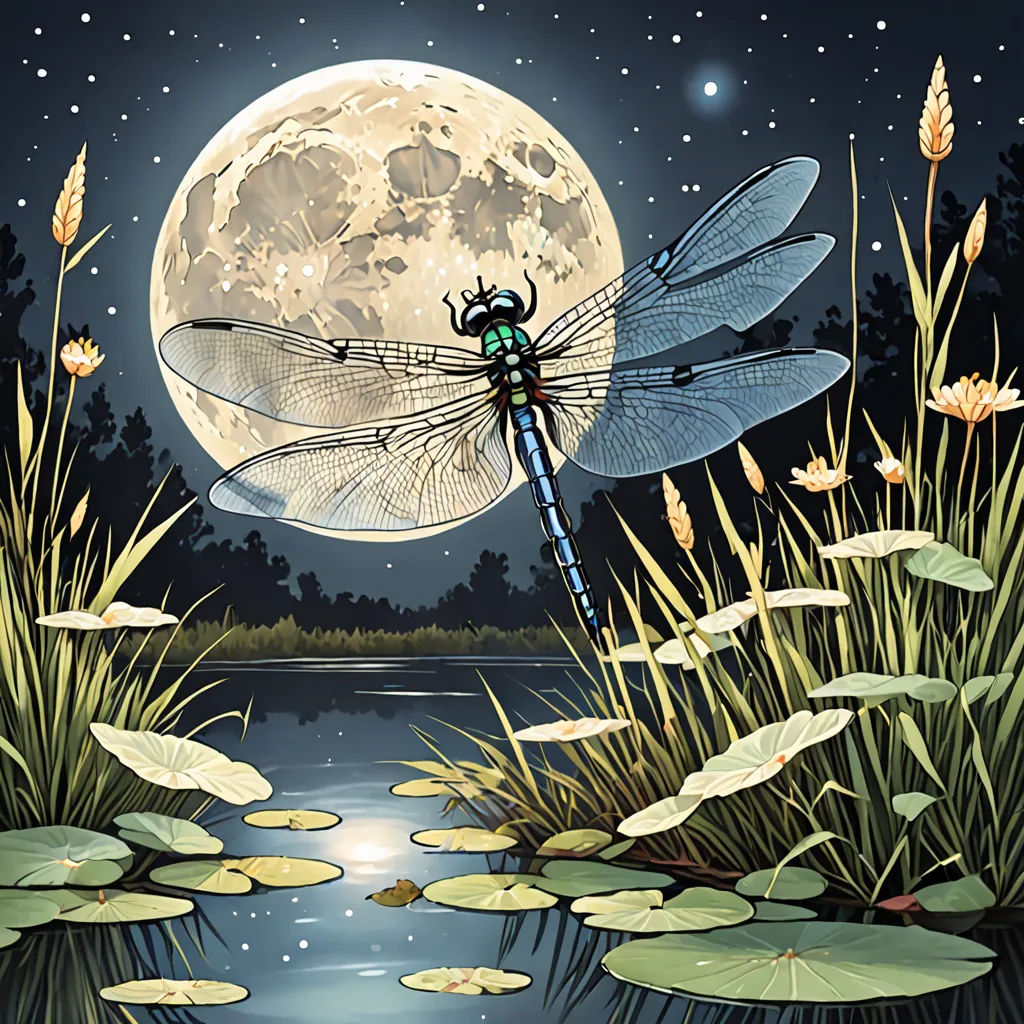 a dragonfly sitting on a lily pad in front of a full moon and water lily pond with lily pads, fantasy art, a storybook illustration, Ed Binkley, detailed illustration