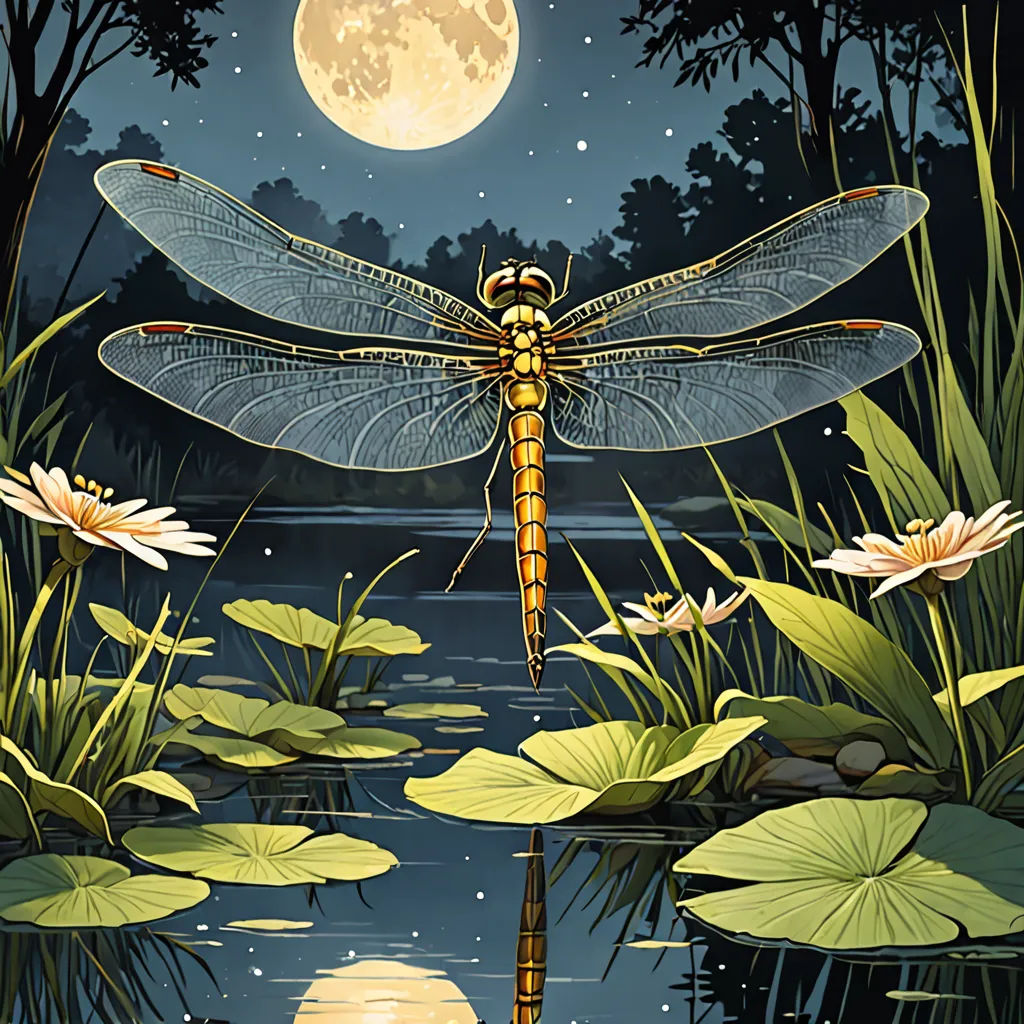 a dragonfly sitting on top of a lily pad in front of a full moon and water lily pond, fantasy art, a storybook illustration, Dan Mumford, highly detailed digital painting