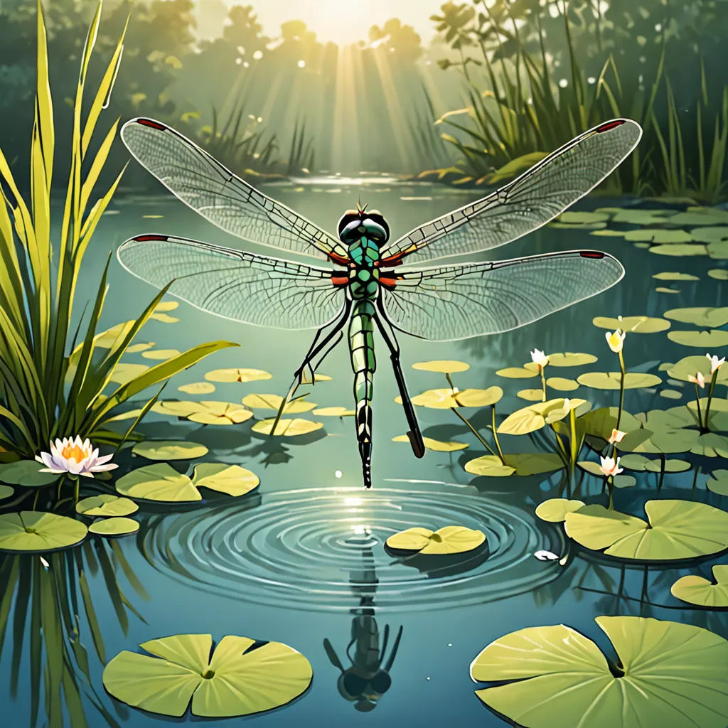a dragon flys over lily pads in a pond with lily pads in the foreground and a sunbeam in the background, environmental art, a storybook illustration, Arie Smit, highly detailed digital painting